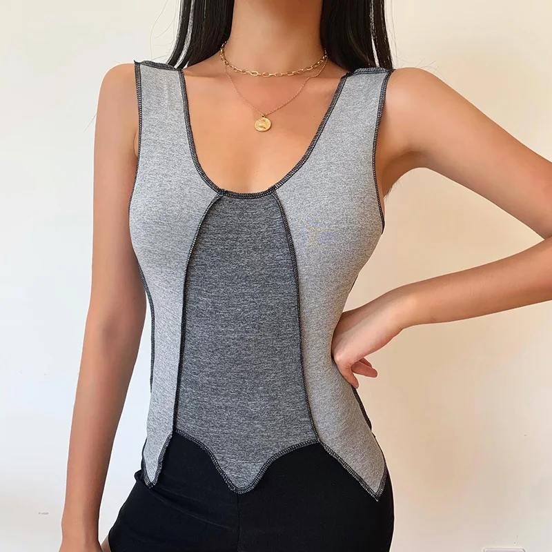 

Summer Girls Color Matching Top Fashion Rippled Edge Double Color Splicing Sleeveless U-neck Vest Casual Base Shirt for Women