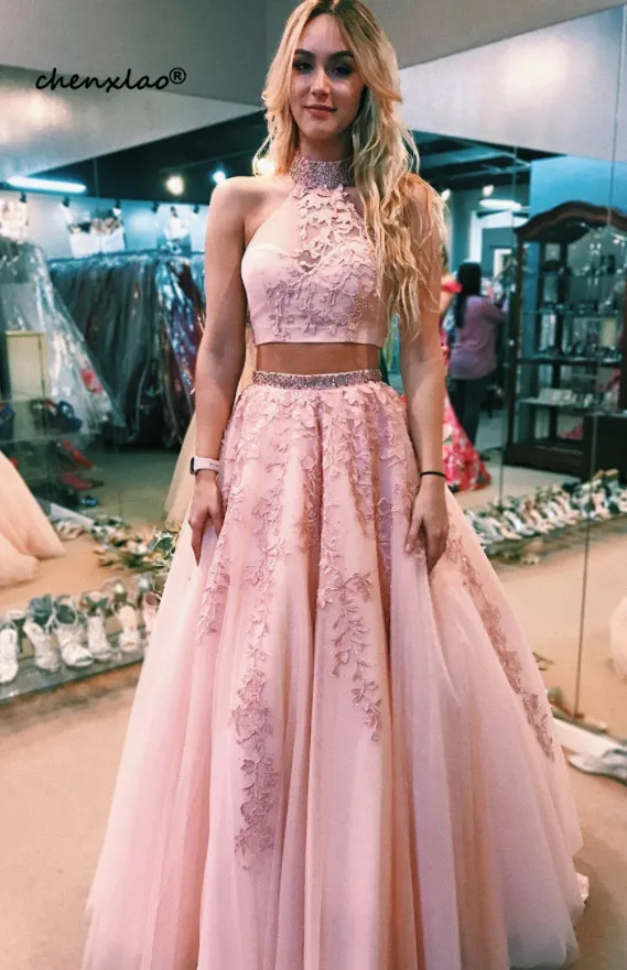 Розовое платье для выпускного вечера из двух частей, длинные платья vestidos de fiesta largos elegantes de gala, кружевные вечерние платья из тюля
