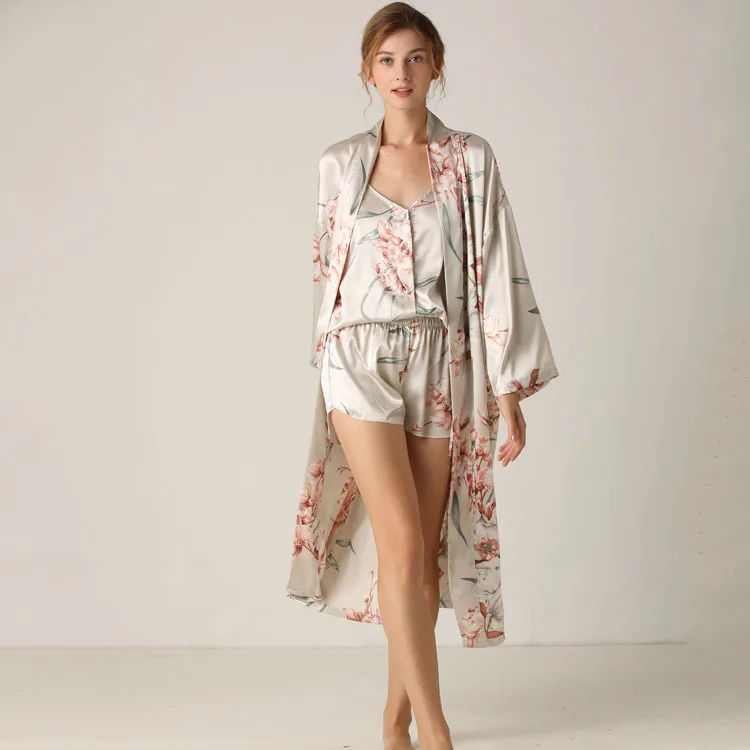 

Print Flower 3PCS Nighty&Robe Suit Sleepwear Sexy Satin Kimono Gown Women Bathrobe Intimate Lingerie Nightwear Silky Nightgown