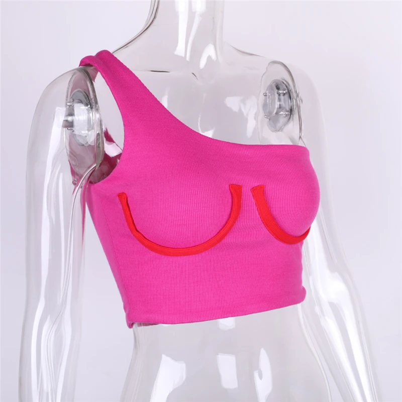 New Fashion Women One Shoulder Sleeveless Crop Tops Knitted Embroidery Tank Top Ladies Casual Slim Tops Club Party Wear Summer - Цвет: Фуксия