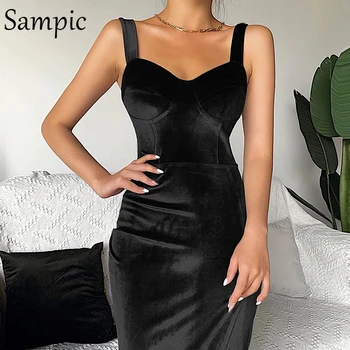 

Sampic Fashion Formal Party Vestidos Women Velvet Club Bodycon Midi Dress Classic Wrap Sleeveless Strap Backless Black Dress