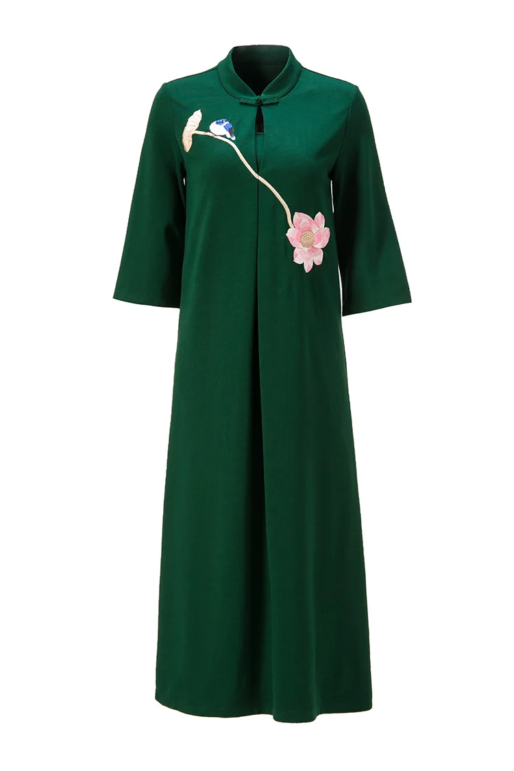 Осенняя рубашка средней длины с рукавом в китайском стиле, Cheongsam воротник, вышивка, элегантное темпераментное черное платье в стиле кэжуал A303