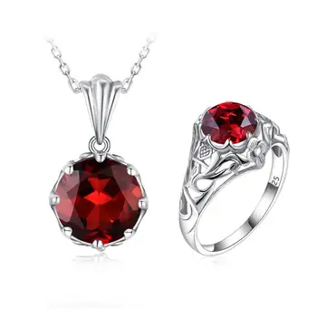 

Fine Jewelry 100% Real Silver 925 Original Sets Garnet Pendant Necklace Rings For Women Vintage Petal Flower Luxury Jewellry Box