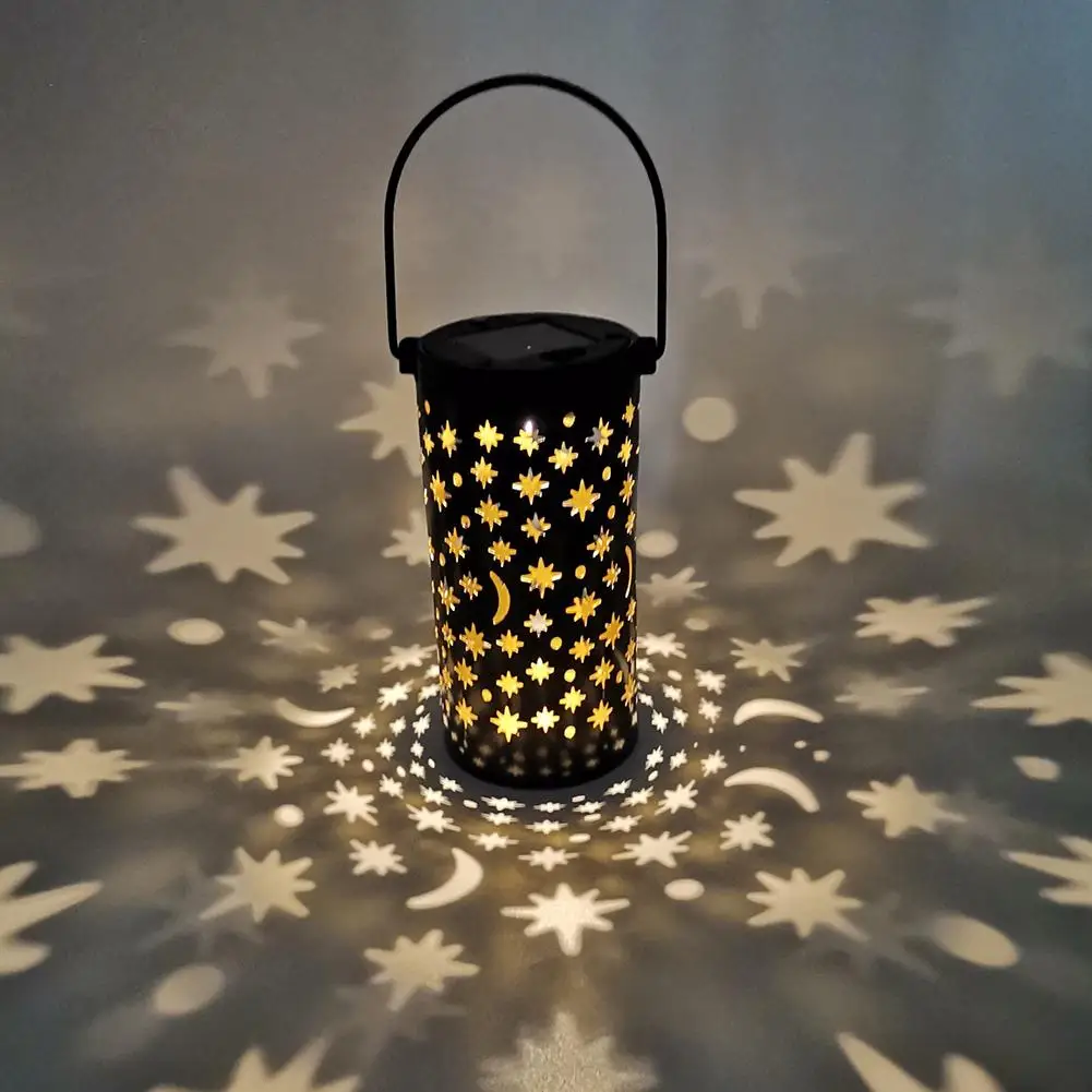 Waterproof LED Solar Light Wrought Iron Starry Projector Light LED Hanging Lantern for Garden Pathway Courntyard Decoration