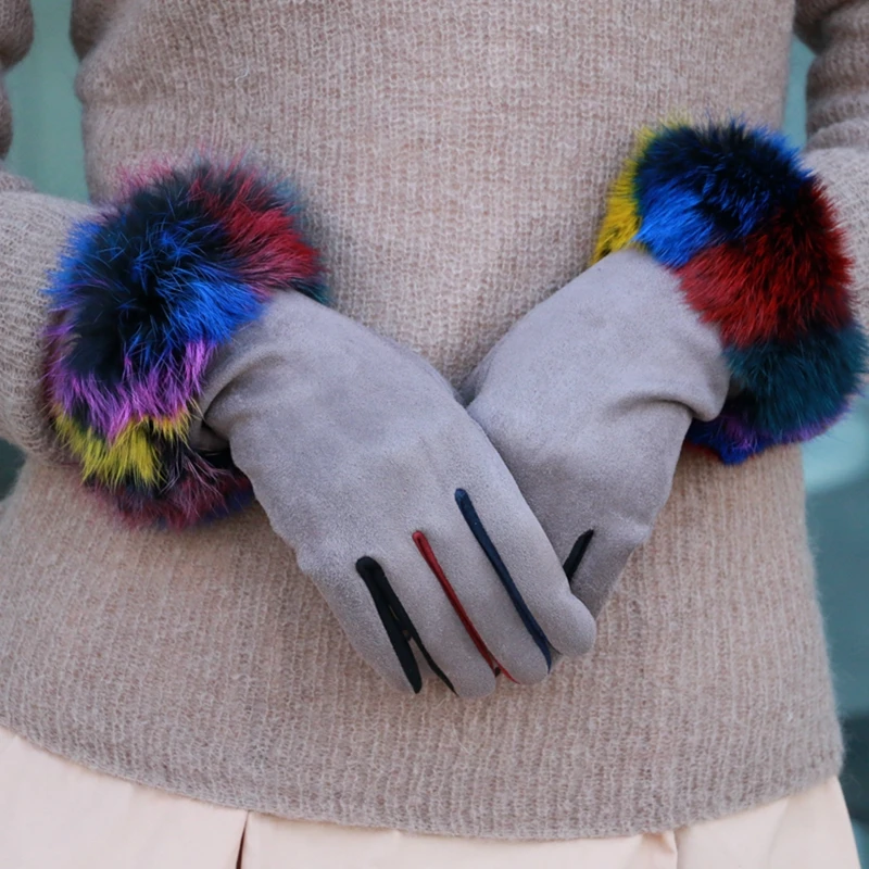 Модные зимние перчатки, перчатки с сенсорным экраном, цветные меховые женские варежки из искусственной замши, толстые теплые зимние перчатки, рождественские подарки - Цвет: Кофе