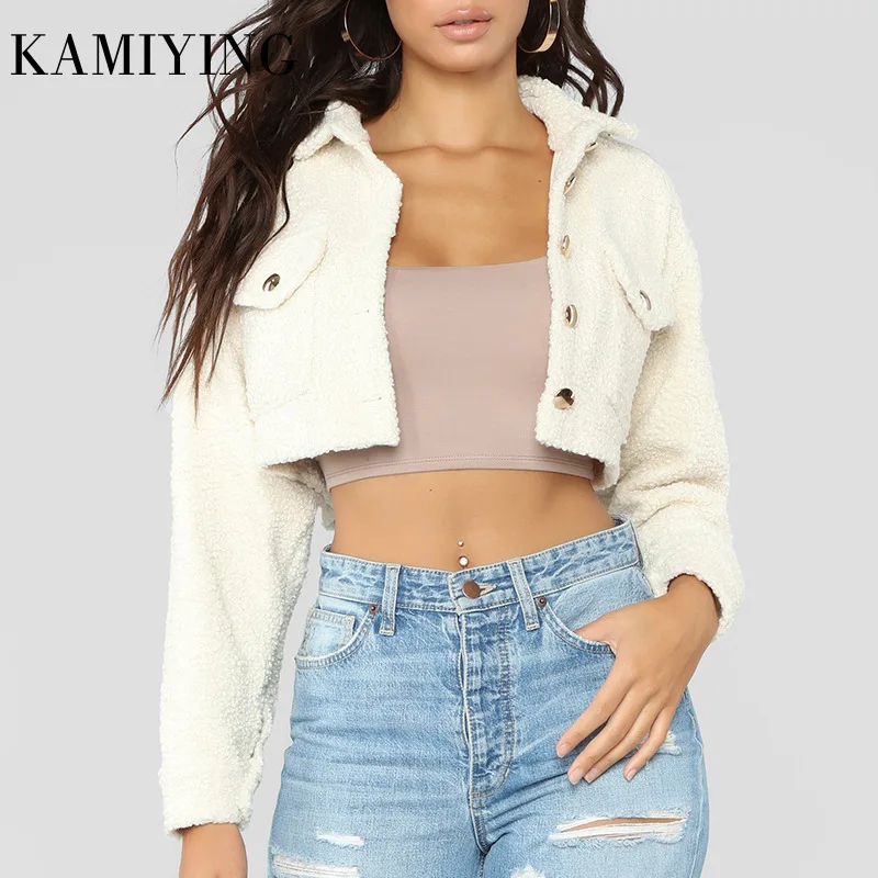 

Elegant Solid Color Cropped Teddy Jacket Women Pockets Thick Warm Coat Autumn Winter Soft Short Jackets 2020 Clothing Tide