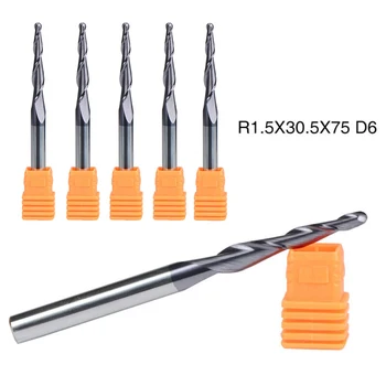 

5pcs R1.5-0.5-D6 End Mill Bits 6mm Shank Carbide Tapered Ball Nose End Mill Bits R1.5mm 2-Flute CNC Tool