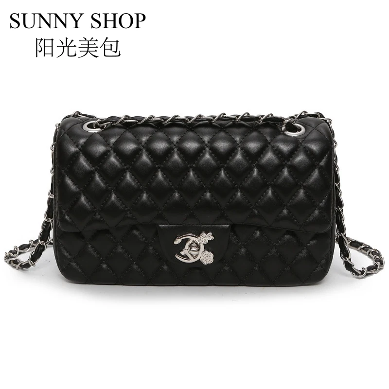 

SUNNY SHOP Chain Handbags for Women Flap Shoulder Bag Small Diamond Lattice Bag Woman Designer Crossbody Bag Luxury High Quality
