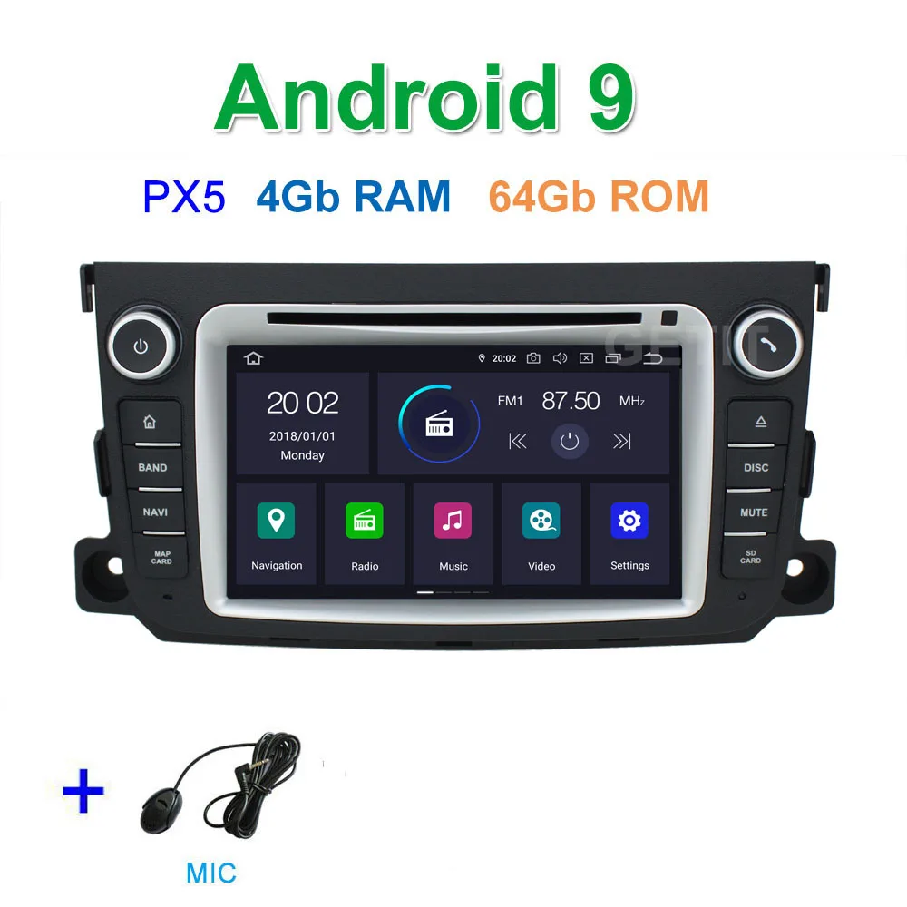 DSP 64G PX6 Android 9 Автомобильный DVD стерео плеер gps для Mercedes/Benz Smart Fortwo 2011- с радио BT WiFi - Цвет: PX5 4G-RAM 64G-ROM