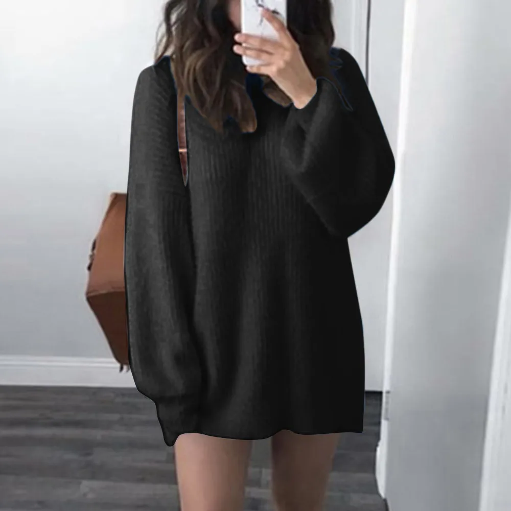 

Fashion Women Solid O-Neck Loose Sweater Tops Knitted Warm Long Latern Sleeve Sweater Streetwear Elasticity Sexy Warm Sweater