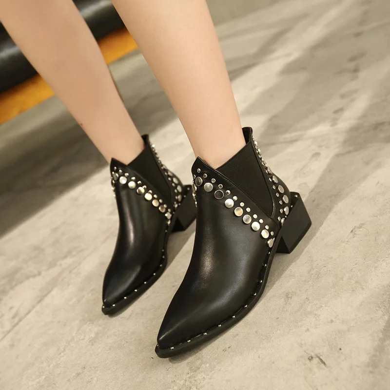 

W- Pointed metal decorative thick heel women's shoes sleeve rivets Chelsea boots personitly punk style with ladies tide boots