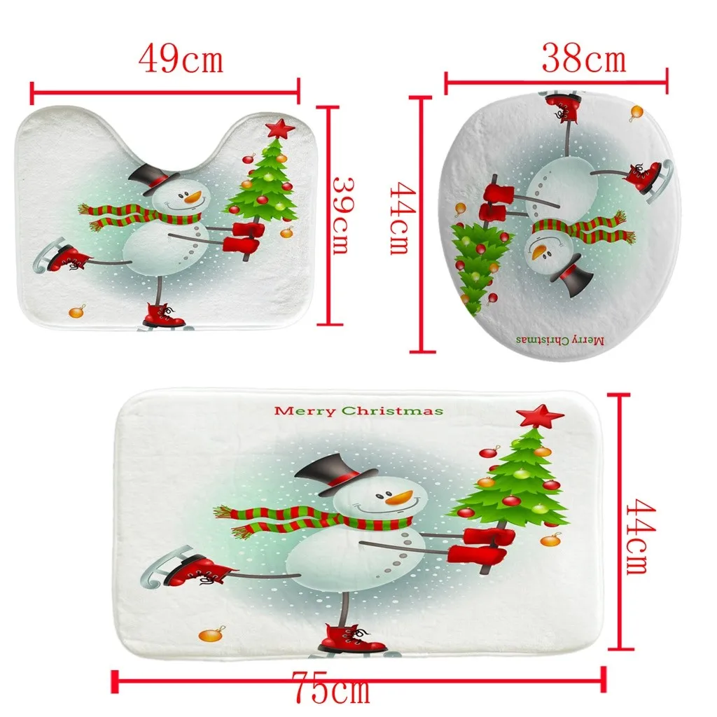 3pcs Merry Christmas Bathroom Set Snowman Santa Pattern Waterproof Bathroom Anti-slip Carpet Rug Toilet Cover Mat Set