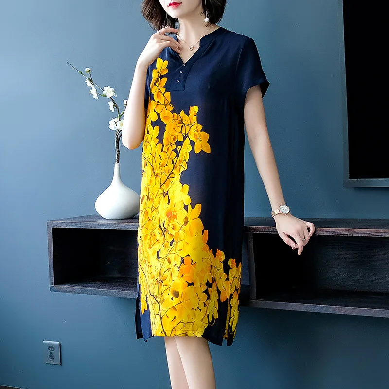 

2019 Summer New Style Short Sleeve Mid-length Big Flower Print Mulberry Silk Loose-Fit Chinese Style Retro Silk Dress Women's