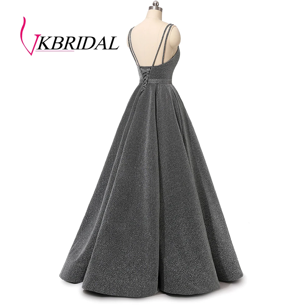 Vkbridal блестящее длинное вечернее платье сексуальное v-образным вырезом с высоким разрезом серый халат de Soiree торжественные платья для выпускного с карманами