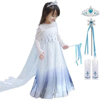 

Snow Queen 2 Elsa Dress Up Costume Girls White Snowflake Print Princess Outfits Toddler Elegant Frocks Kids Inspired New Clothes