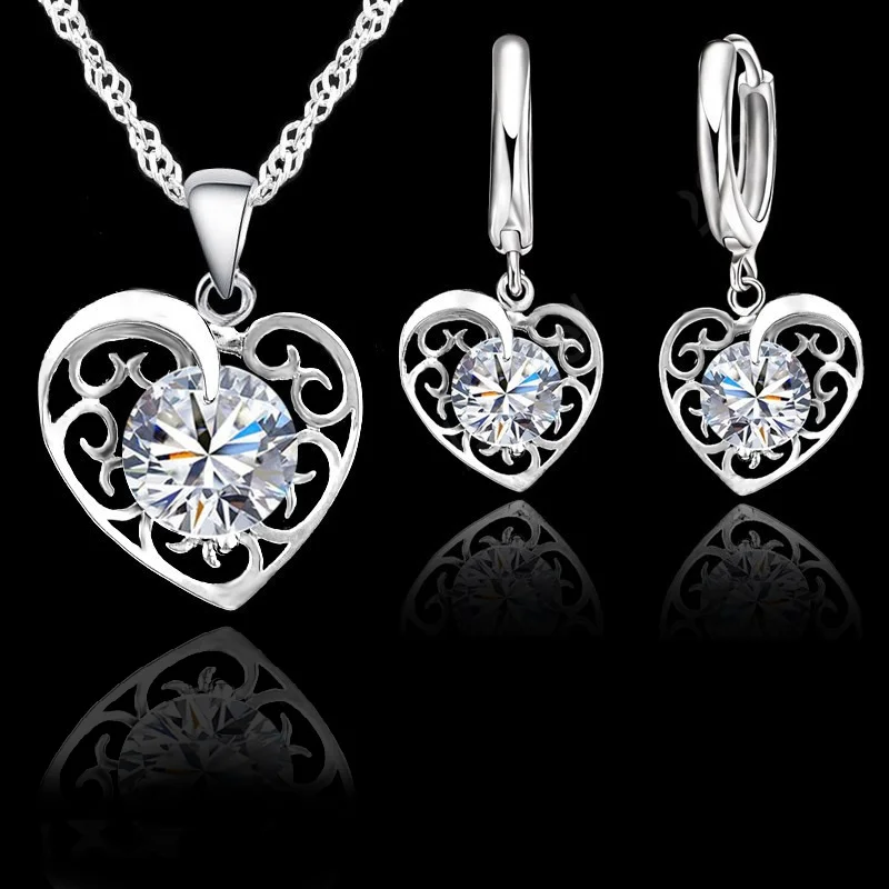 Beautiful Heart Shape Jewelry Sets For Women Love 925 Sterling Silver Cubic Zircon Pendant Hoop Earrings Female Wedding Gifts