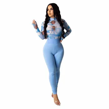 

Casual Sports Suit Women's Long-sleeved High-elastic See-through Tops Skinny Trousers Print Sexy Party Ladies Two-piece Suit