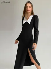 Macheda – robe noire élégante pour femmes, col blanc, bleu marine, fente à la taille, sexy, mode élégante, slim, robe de soirée exclusive, automne 
