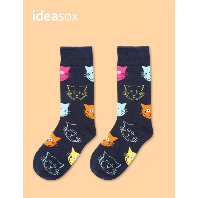 Cartoon cat color Яркие цветные мужские носки, новинка, милые женские носки из чесаного хлопка с изображением животных, фламинго, зебры, фруктов, счастливых подарков - Цвет: Cartoon cat color
