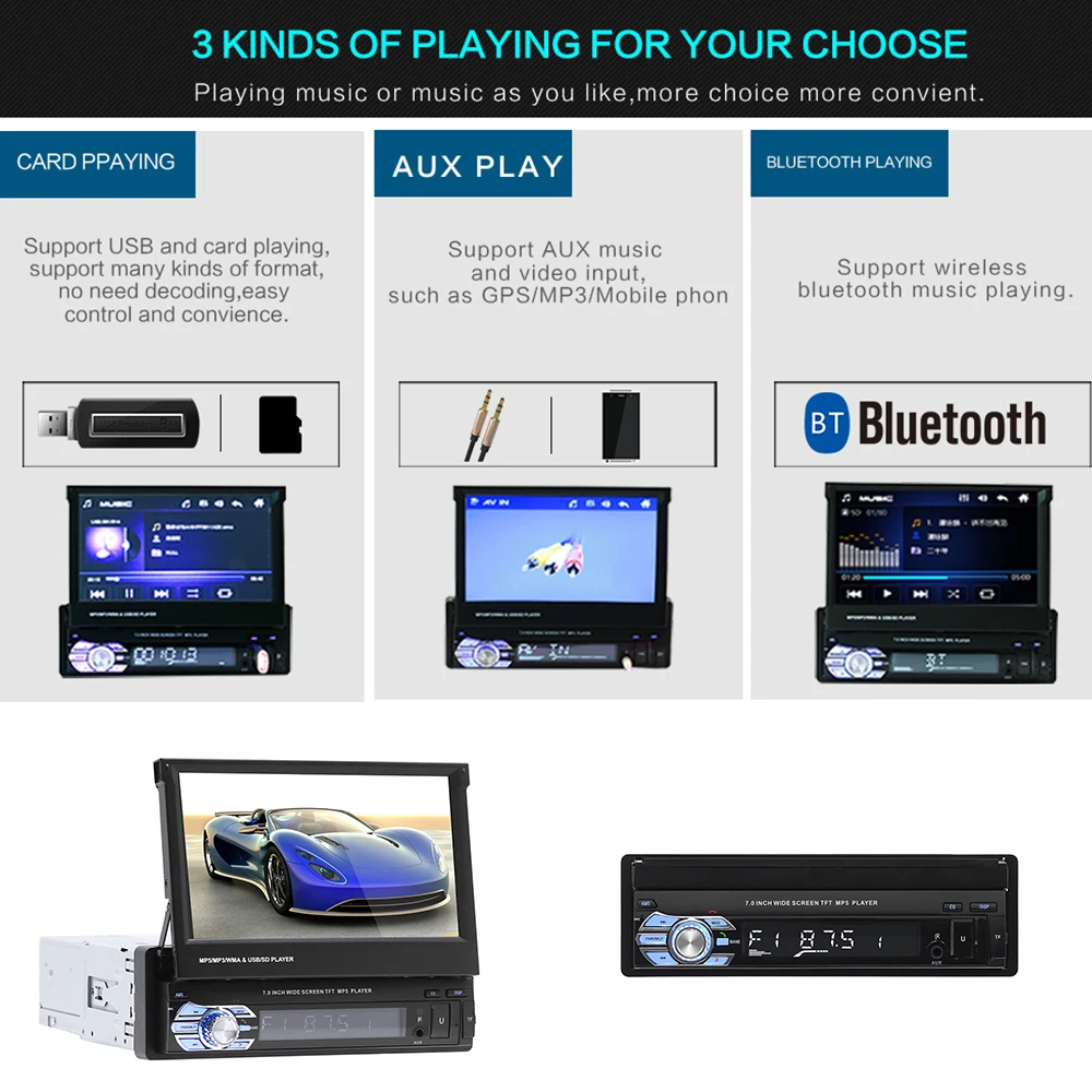 Прочный автомобильный MP5 7 дюймов FM/USB/AUX Bluetooth выдвижной экран универсальный 1DIN MP5 плеер