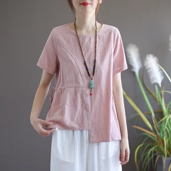 

Loose Slim Tees And Pullovers For Women 2020 Cotton Linen Female Sweet Style Waist Irregular Round Neck Short Sleeve T-shirt