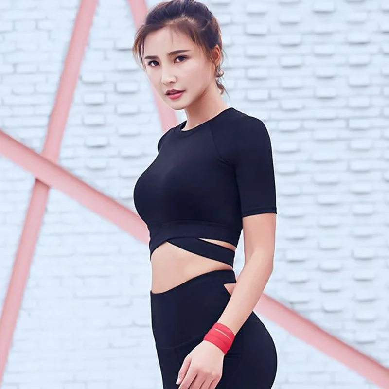 

Women's Crop Tops Fashion Sexy O Neck Short Sleeve T Shirt Trendy Solid Color Cross Backless Top Sports Tee