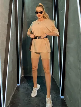 

2020 New Summer T-shirt Two Piece Set Women Sweat Suit Set Solid Color Club Outfits Street Casual Western Style Free Shipping