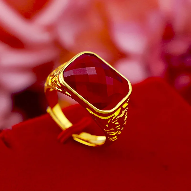 Moda de luxo 14k anel de ouro para homens casamento noivado jóias com grande pedra preciosa verde esmeralda anel vermelho jade pedra presentes masculinos