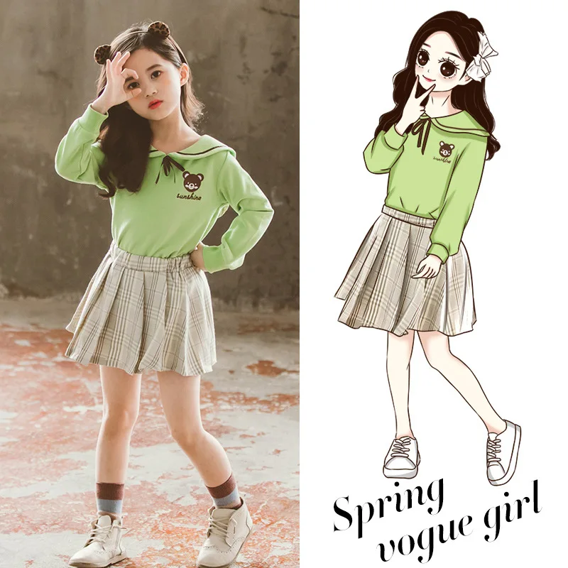 

Girls Spring Clothing 2020 New Style Korean-style Western Style Big Kid Bear Lettered Hoodie Wrapped Skirt Set 1803c-8211