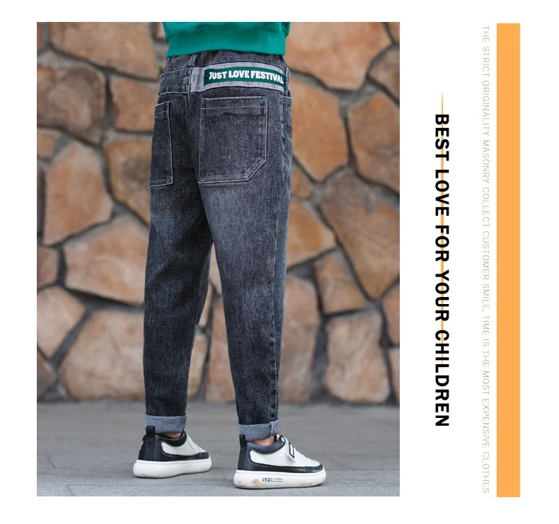 Spring Autumn Children Fashion Jeans Pants Teenage Boys Denim Trousers Casual Letter Cotton Pencil Pants for Boy Dark Jeans
