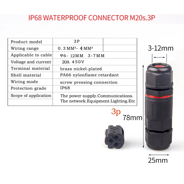 IP68 Waterproof Connector 2 Pin 3 Pin 4 Pin 5 Pin Electrical Terminal Adapter Wire Connector Screw Pin connector LED Light pin M20S 3p