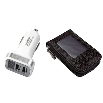 

Dual USB 12-24V 2.1A with Display Car Charger / Mobile Fast Charging Silver with Men's Leather Credit Card Wallet Holder RFID Bl