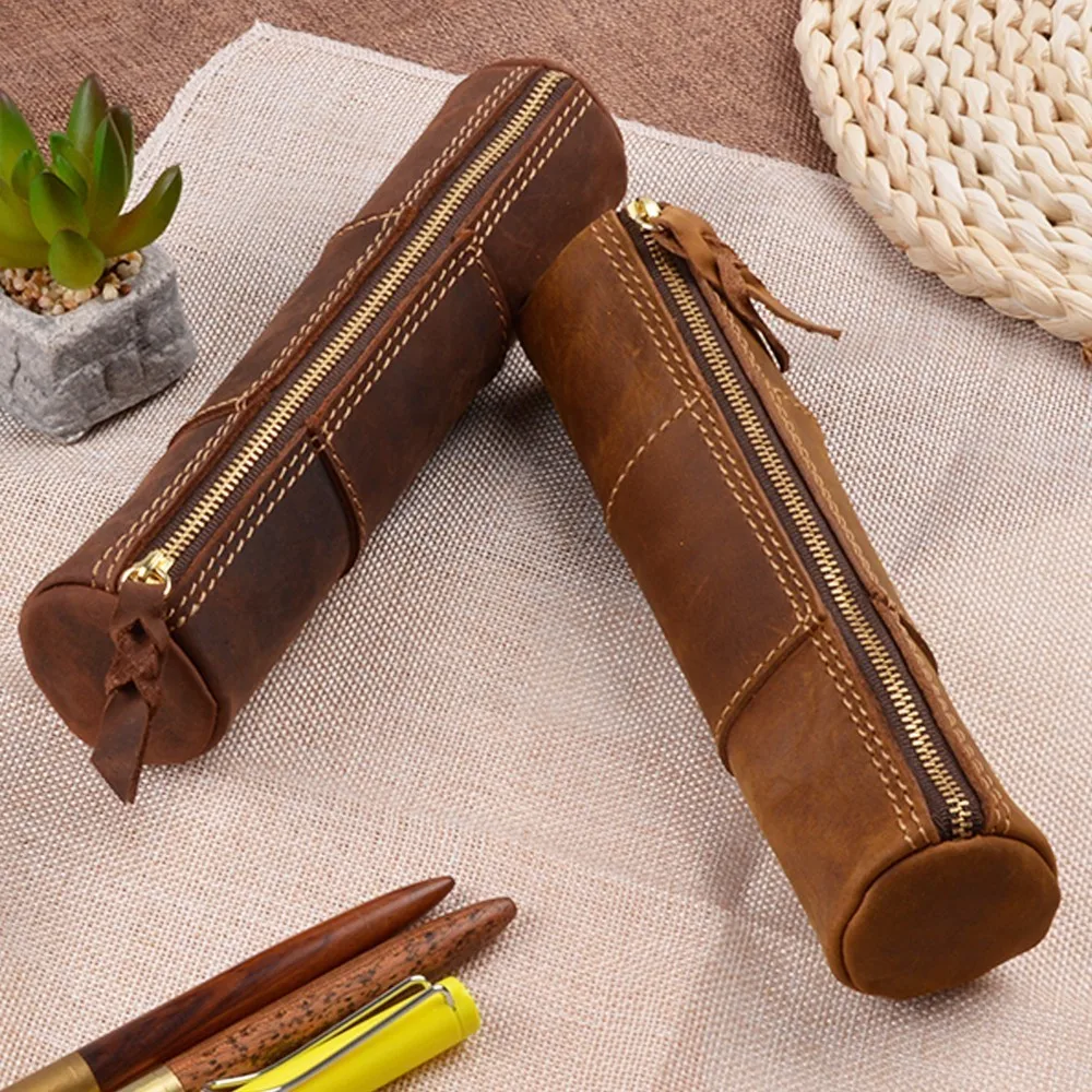 Genuine Leather Zipper Pen School Vintage Product Creative Pencil Stationary Model Trinodal Retro Handmade Bag Style