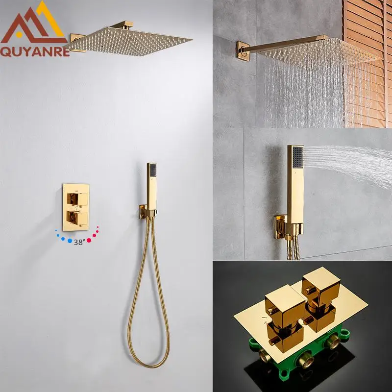 quyanre wanfan thermostatic shower faucet set 2-way thermostatic mixer tap with rainfall ultrathin gold shower head handshower bath shower faucet set