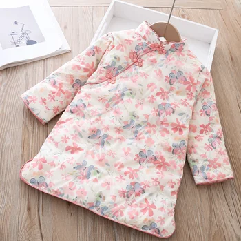 

Girls National Cheongsam A- Line Dress Cute Thickening Quilted Dress Print Winter Above Knee, Mini Vintage Cotton Full Regular