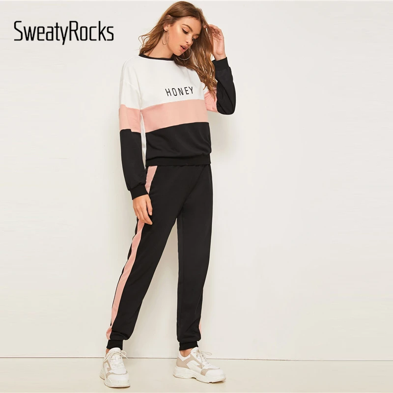 SweatyRocks, цветной модульный пуловер с буквенным принтом и спортивные штаны в полоску сбоку, набор для женщин,, одежда для активного отдыха с длинными рукавами, комплект из 2 предметов