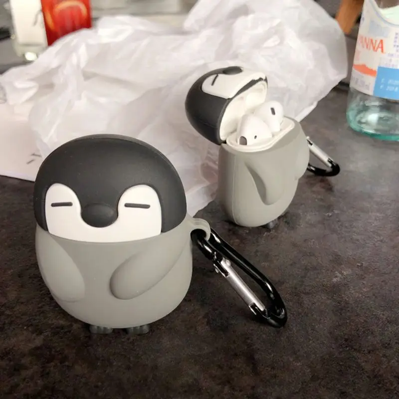 Милый Пингвин Стиль Защитный чехол силиконовый чехол с карабином для Airpods 1/2