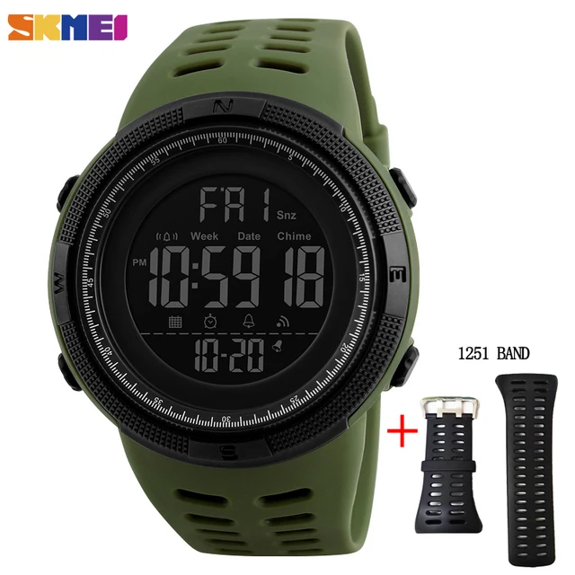 SKMEI Fashion Outdoor Sport Watch Men Multifunction Watches Alarm Clock Chrono 5Bar Waterproof Digital Watch reloj hombre 1251 Armygreen