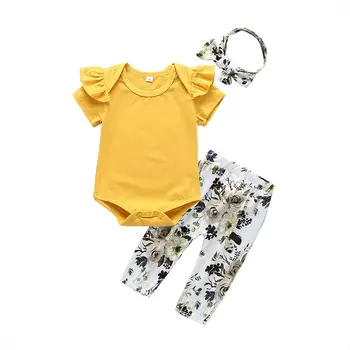 

3pcs Leisure Baby Girls Clothes Set Cotton Short Sleeve Solid Romper and Personality Printing Floral Pants and Headdress