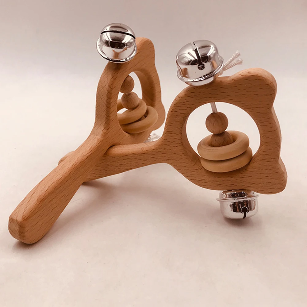 Bear Shape Wooden Hand Grip Teether Rattle Bell Baby Chew Beads Teething Toy New