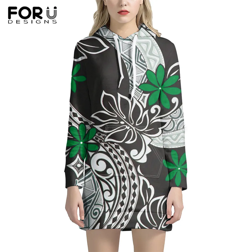 

FORUDESIGNSWomen Casual Spring Autumn Pullover Long Hoosies Polynesian Tribal Pattern Brand Fashion Ladies Pocket Sweatshirt