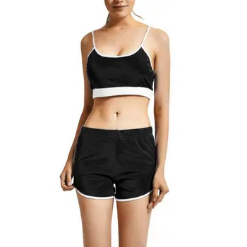 

Women Fitness Sets Fashion Patchwork Color Tracksuit Sets Backless Midriff Crop Tops + Shorts Suits