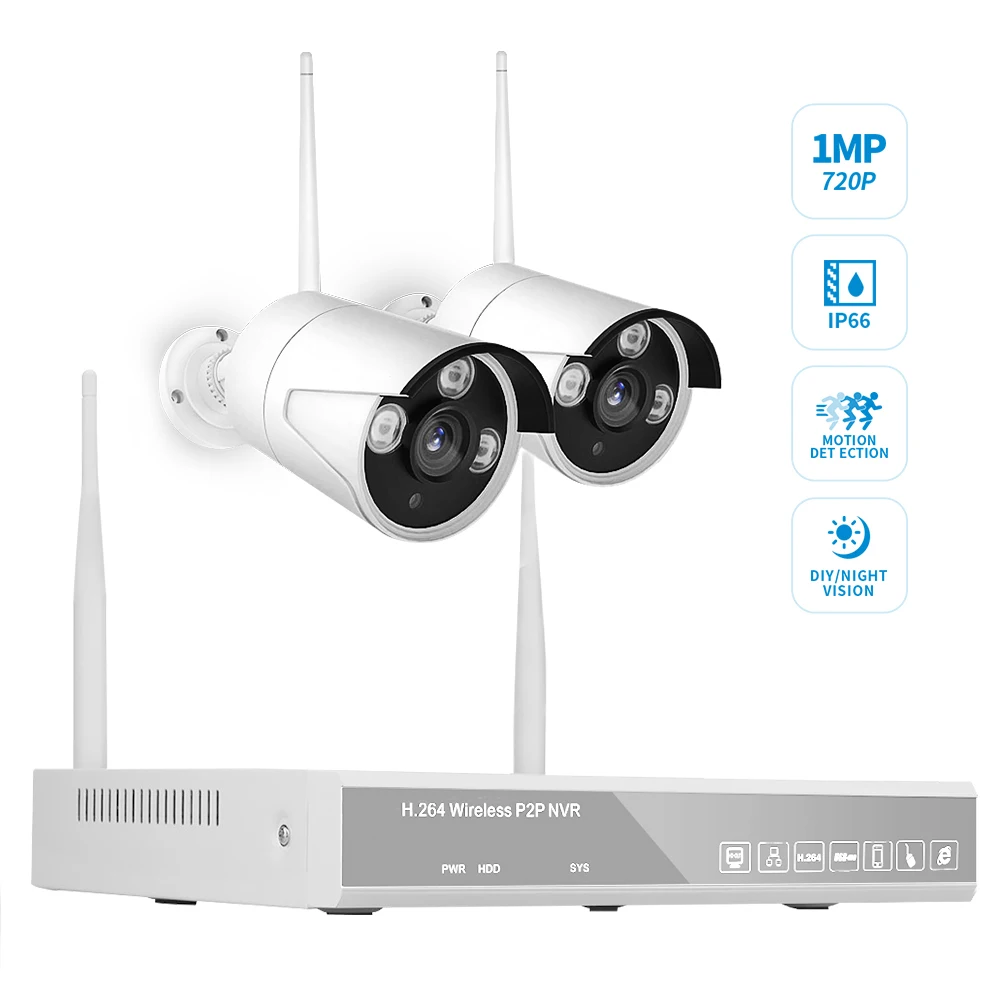 

4CH NVR 2 Cameras Wireless NVR Kit 1MP 720P WiFi Home Security Camera Monitor P2P Motion Detection Security Surveillance System