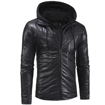 

Fold Design Man Leisure Time Self-cultivation Zipper Even Hat Leather Jacket Leather Clothing