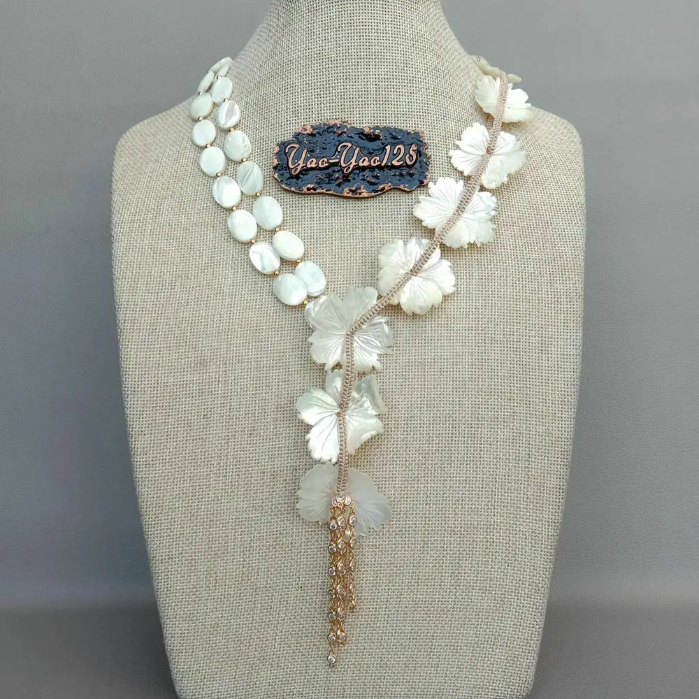 

White Shell Mop Cameo Flower Statement Necklace Cz Chain Tassel 20