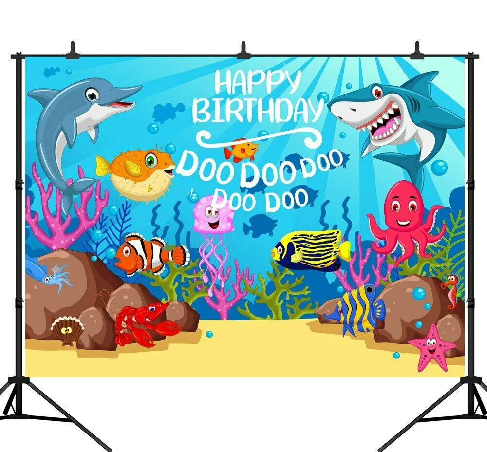 

Baby Shark Birthday Party photography backdrops Cartoon Coral Photo Backgrounds