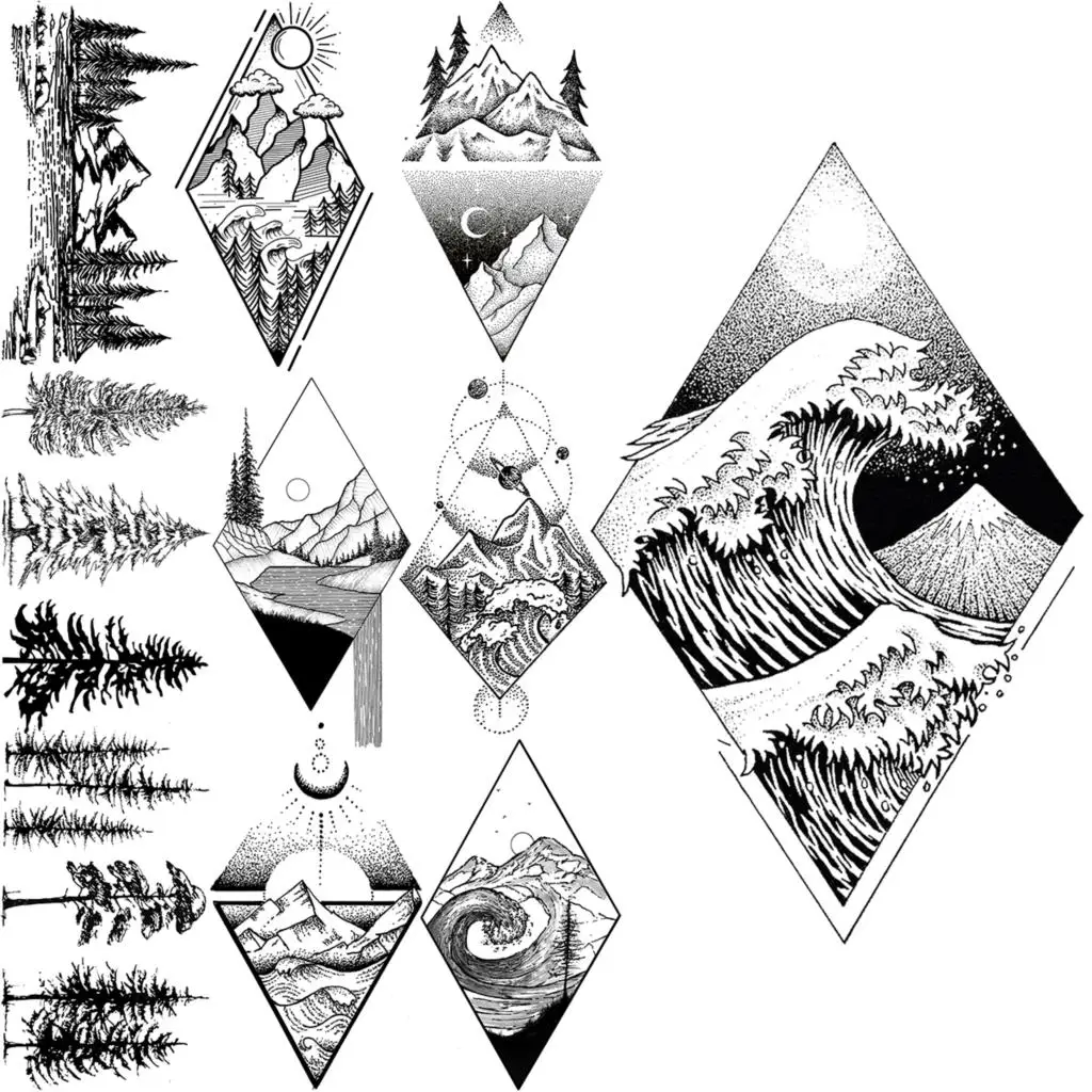 

Black Sea Wave Temporary Tattoos For Adults Men Realistic Forest Geometric Sunset Fake Tattoo Sticker Arm Back Tattoos Hot Sale