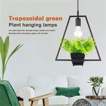 

Black trapezoidal green plant hanging lamp retro industrial style creative personality chandelier clothing shop cafe restaurant