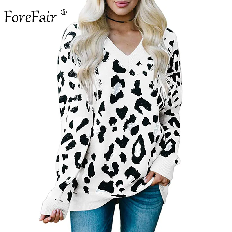 White Sweater Forefair, v-образный вырез, вязаный свитер с леопардовой раскраской, женский джемпер,, животный принт, теплый, модный, тонкий, большой размер, Зимний пуловер - Цвет: White Sweater