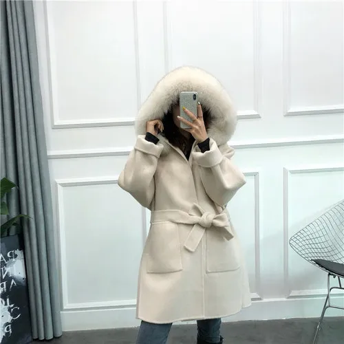 beige Популярное модное кашемировое шерстяное пальто с воротником из натурального Лисьего меха с поясом, простая Классическая Повседневная одежда с поясом для девочек, утепленное Женское пальто - Цвет: beige